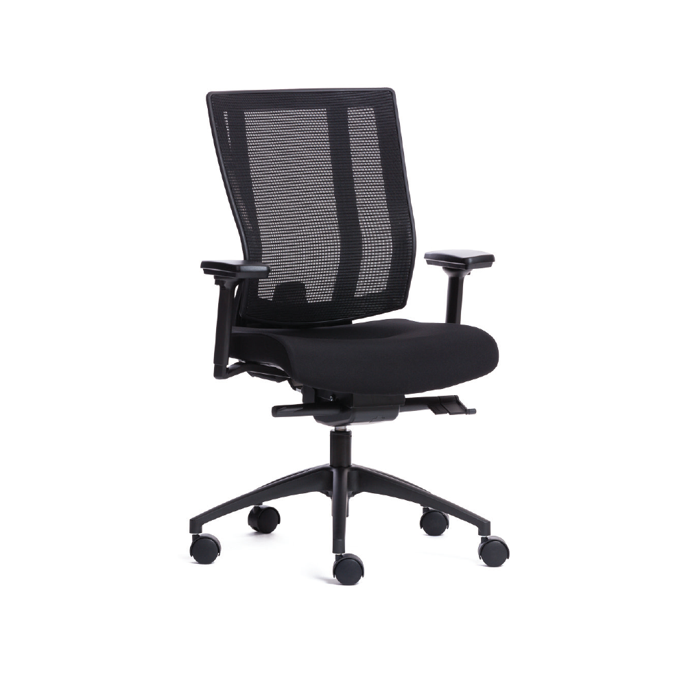 NetOne Ergonomic Midback Office Chair with black fabric upholstery, mesh backrest, and adjustable features including armrests and lumbar support, set on a five-star base with twin-wheel castors.