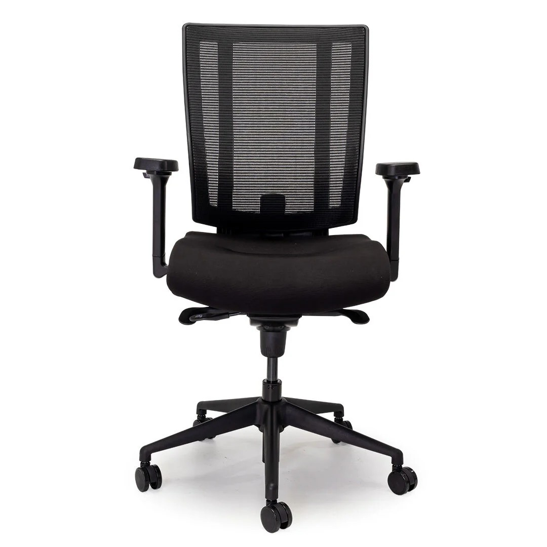 NetOne Ergonomic Midback Office Chair with black fabric upholstery, mesh backrest, and adjustable features including armrests and lumbar support, set on a five-star base with twin-wheel castors.