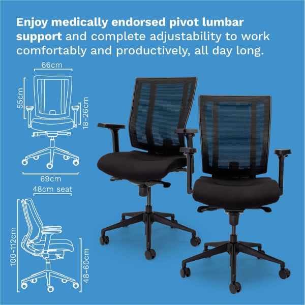 NetOne Ergonomic Midback Office Chair with black fabric upholstery, mesh backrest, and adjustable features including armrests and lumbar support, set on a five-star base with twin-wheel castors.