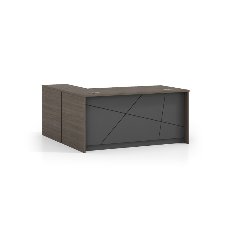 Dark melamine L-shaped office desk with built-in credenza, featuring a modern design and a striking front panel. Available in two sizes, 1.8m and 1.6m, ideal for professional office environments.