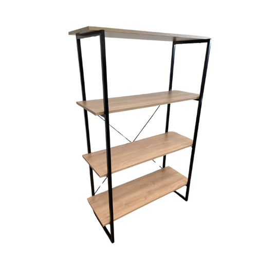 A three-tiered bookcase with a black metal frame and wooden shelves, the top tier featuring a brown wood-like surface.