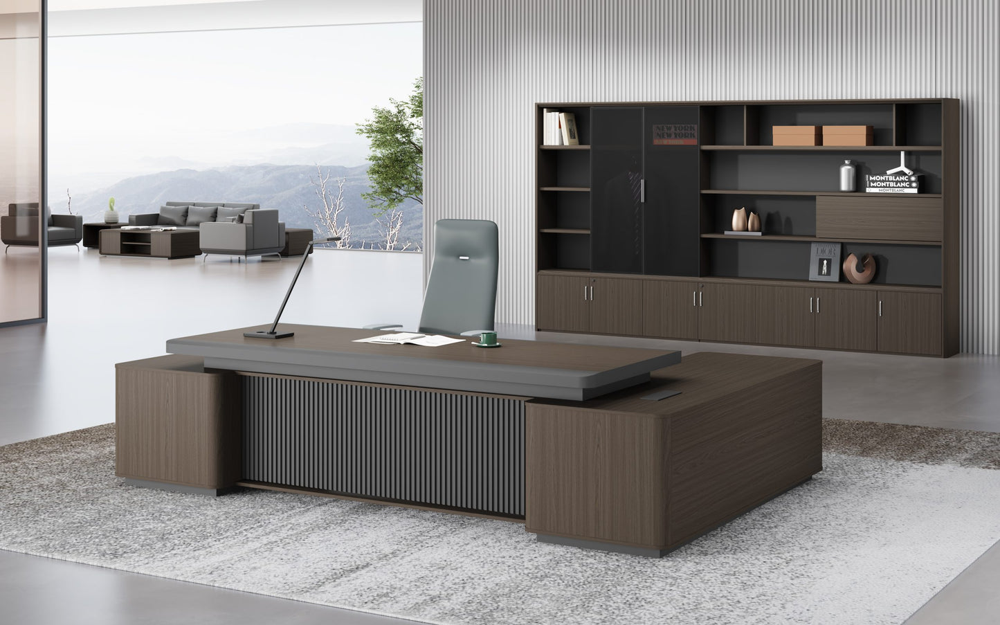 Modern L-shaped melamine office desk with built-in credenza, featuring a dark wood finish and two drawers on the left side. The desk has a minimalist design and includes a raised tabletop for a sleek, professional look