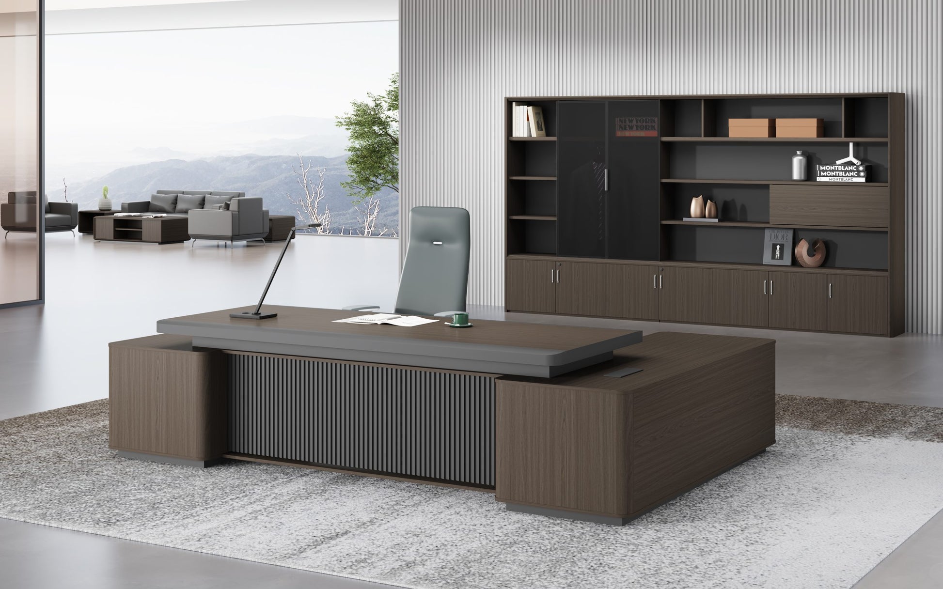 Modern L-shaped melamine office desk with built-in credenza, featuring a dark wood finish and two drawers on the left side. The desk has a minimalist design and includes a raised tabletop for a sleek, professional look