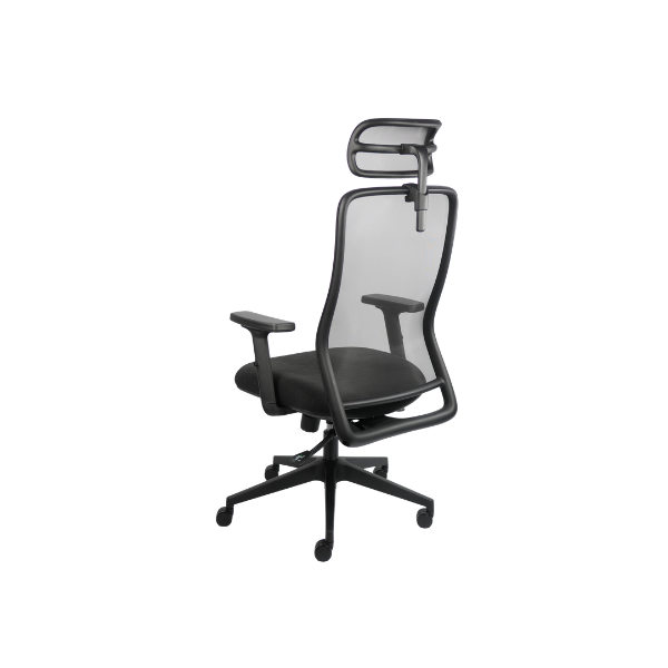 Modern ergonomic office chair with black mesh backrest, cushioned seat, adjustable armrests, headrest, and sleek curved frame on a five-wheel base.
