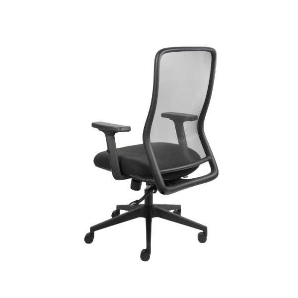 Modern ergonomic office chair with curved black mesh backrest for lumbar support, cushioned seat, adjustable armrests, and five-point wheeled base in a sleek minimal design.
