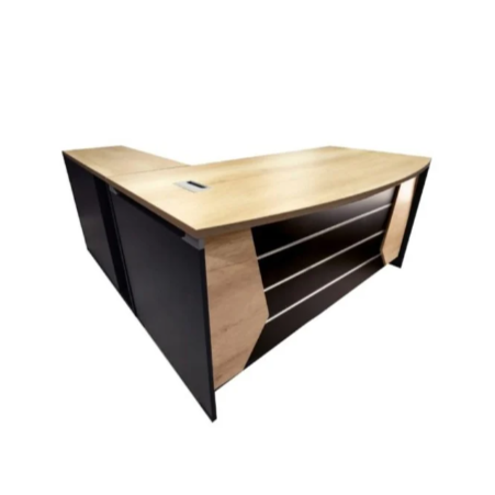 L-shaped Paramount Executive Desk in light oak with built-in storage including three drawers and a cabinet, designed for professional office environments.