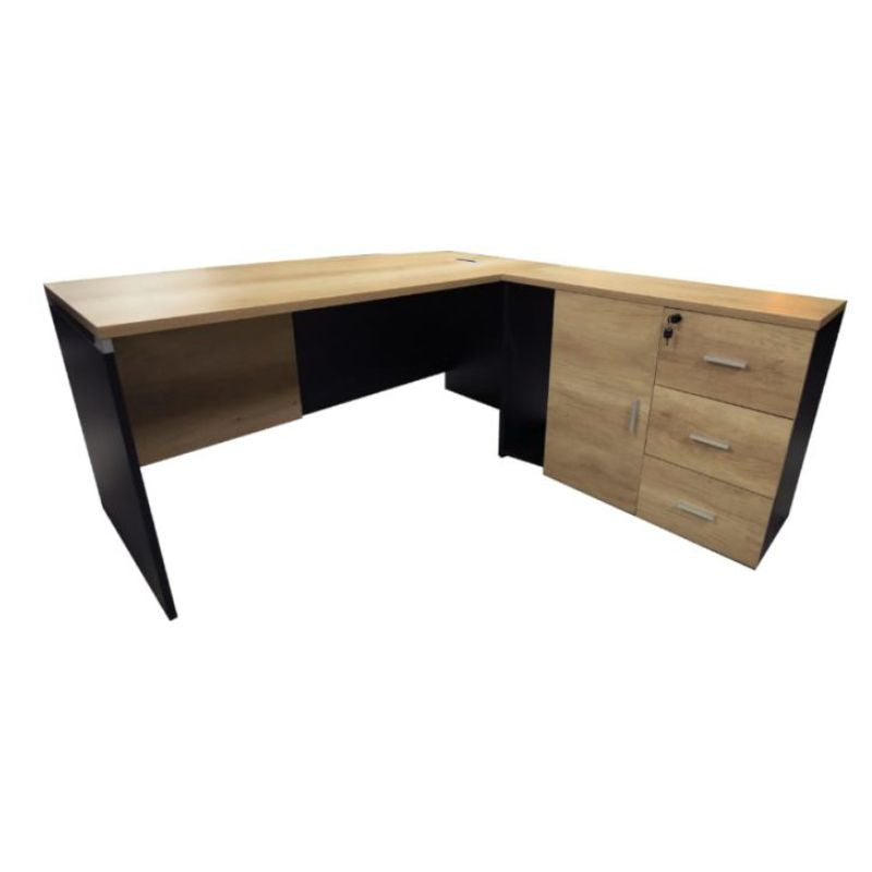L-shaped Paramount Executive Desk in light oak with built-in storage including three drawers and a cabinet, designed for professional office environments.