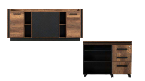 A set of office furniture consisting of a large desk, a credenza, and a cabinet. The desk has a dark brown top with a curved front edge and four legs. The credenza has a similar top and two drawers, and is placed next to the desk. The cabinet has two doors and four shelves, and is mounted on the wall above the credenza. The furniture has a sleek design and a luxurious finish.
