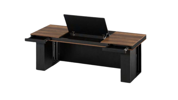 A set of office furniture consisting of a large desk, a credenza, and a cabinet. The desk has a dark brown top with a curved front edge and four legs. The credenza has a similar top and two drawers, and is placed next to the desk. The cabinet has two doors and four shelves, and is mounted on the wall above the credenza. The furniture has a sleek design and a luxurious finish.