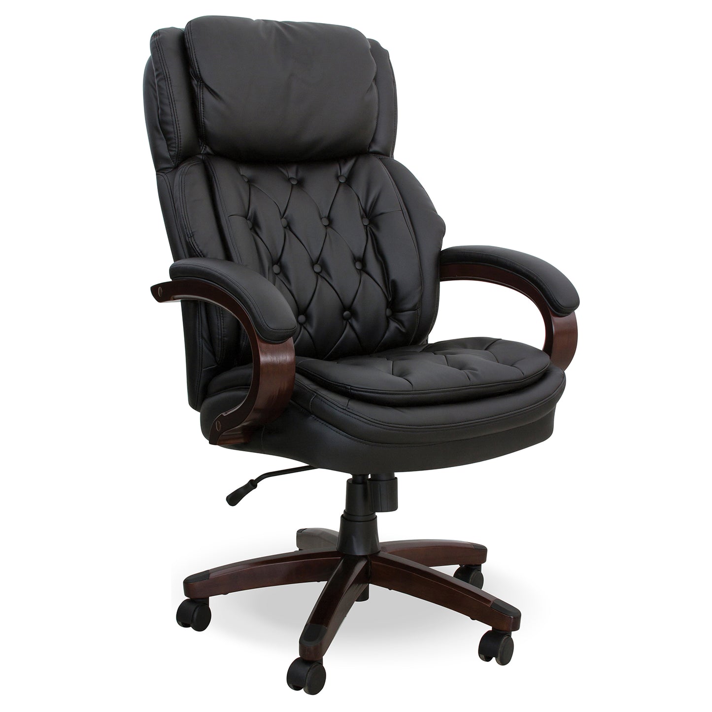 Black office chair with wooden armrests and base on a white background