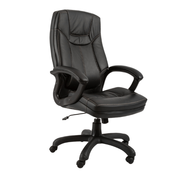A black leather office chair with functional yet aesthetic stitching. Creating an air of sophistication and durability. PU arm rests padded with leather, a gas height adjuster and a black nylon base. Elevating the office space through durability and timeless design.