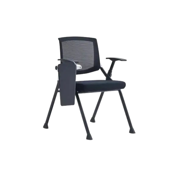 Modern training room chair with black mesh backrest, cushioned seat, armrests, and foldable writing pad on chrome legs, designed for classrooms, lecture halls, or conference spaces.