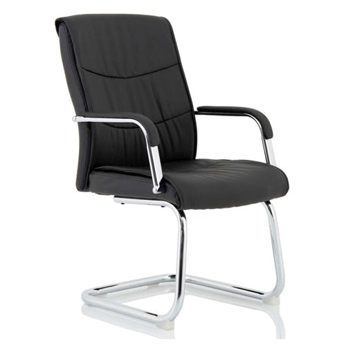 "Summit PU Leather Visitor Chair with sleek PU leather upholstery, chrome arms with padded PU cushions, and a sturdy chrome sleigh base, supporting up to 150kg."