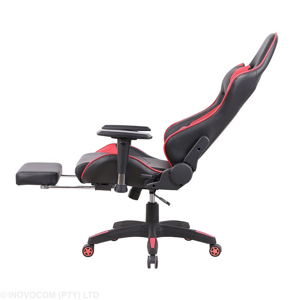 "Titan Pro PU Leather Gaming Chair with adjustable backrest, moulded foam seat, 2D adjustable arms, and base with red or blue coated castors."