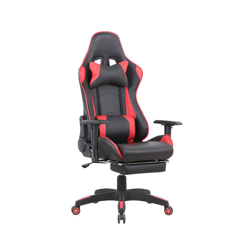 "Titan Pro PU Leather Gaming Chair with adjustable backrest, moulded foam seat, 2D adjustable arms, and base with red or blue coated castors."