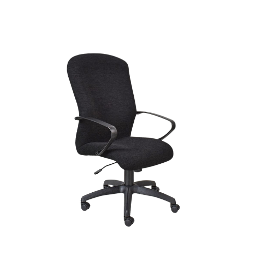 Black ergonomic office chair with a high cushioned backrest, padded seat, and armrests, supported by a five-point wheeled base with an adjustable lever beneath the seat for height customization, designed for modern office or home workspace comfort.