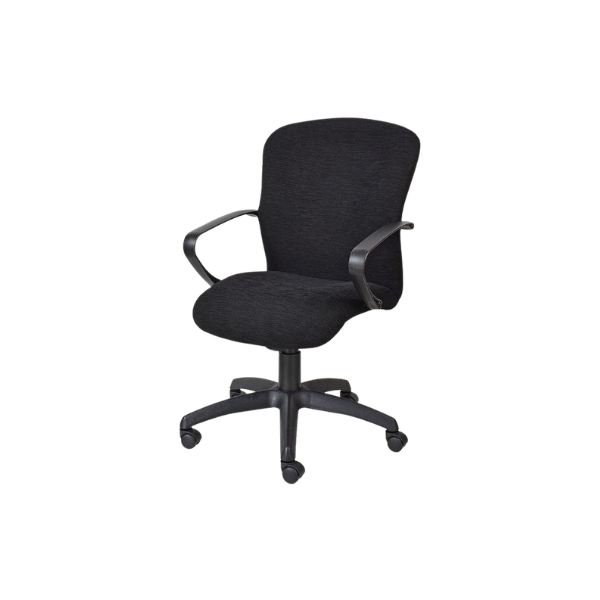Black office chair with a cushioned seat and backrest, curved plastic armrests, and a five-point wheeled base, upholstered in dark fabric with a simple ergonomic design for desk or office use.