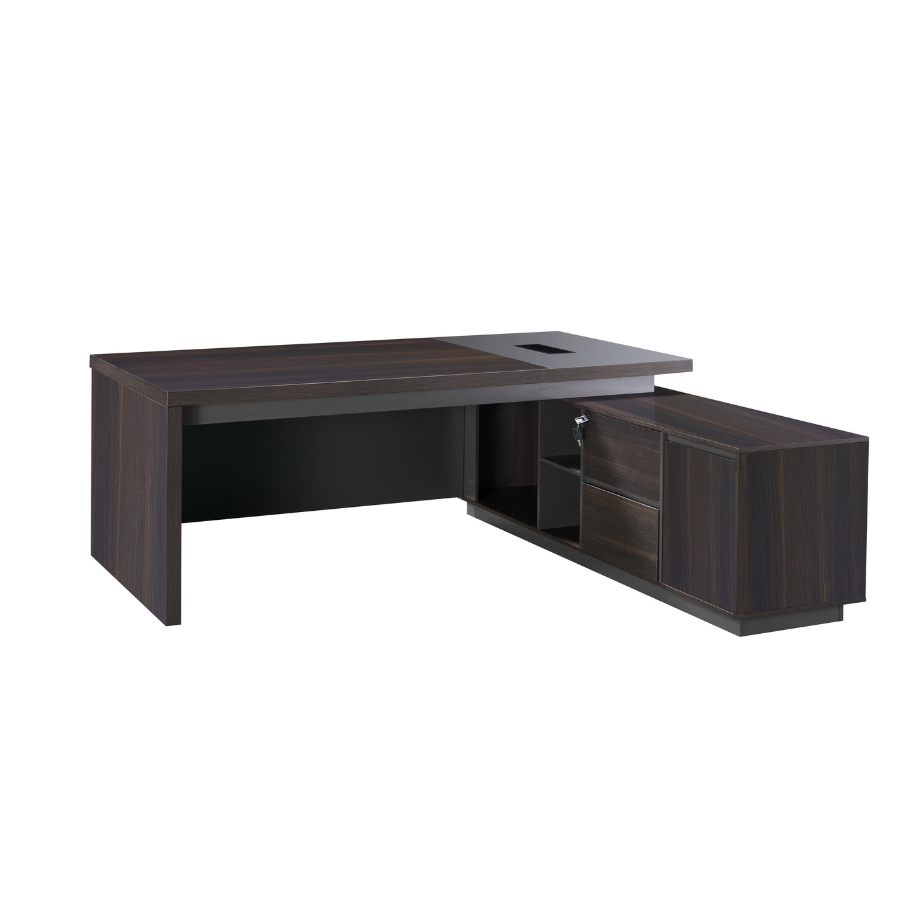 his elegant office setup includes a 2m Dark Oak Executive Desk and a coordinating fixed credenza, designed to enhance productivity and sophistication in any executive environment