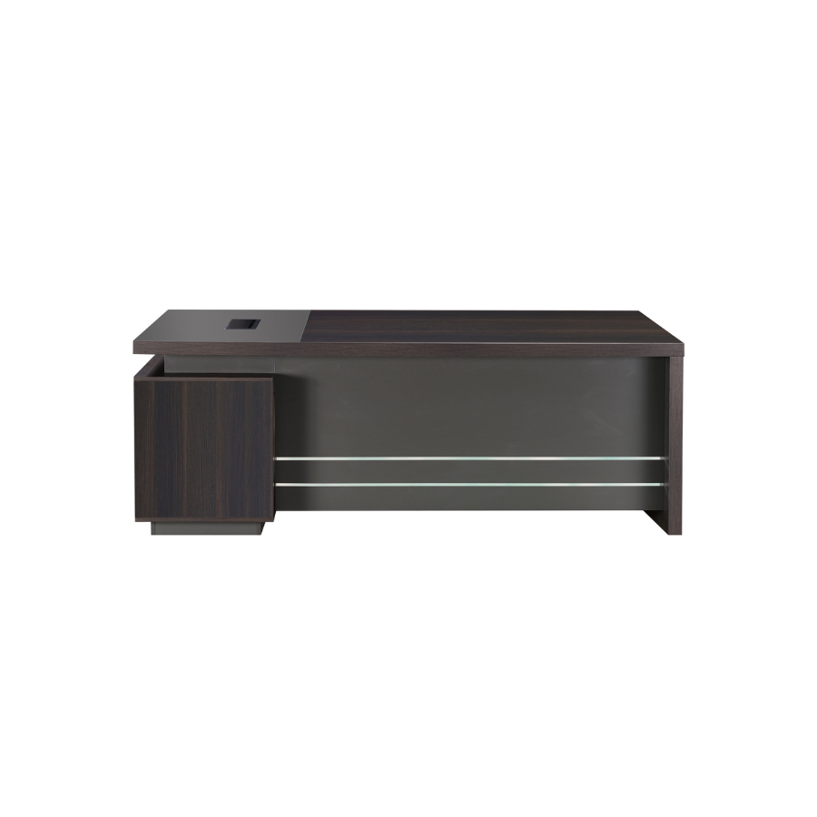 his elegant office setup includes a 2m Dark Oak Executive Desk and a coordinating fixed credenza, designed to enhance productivity and sophistication in any executive environment