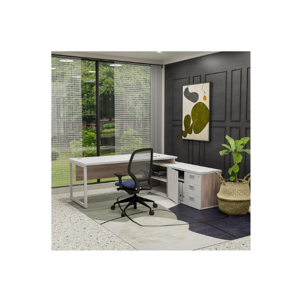A modern, Titan Executive Desk featuring a sleek 32mm top, integrated storage units on one side, and a modesty panel.