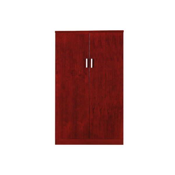 Tall wooden cabinet with a rich reddish-brown finish, featuring two doors with rectangular metallic handles at the center. The design highlights visible wood grain patterns, offering a simple yet modern look that emphasizes craftsmanship and aesthetic appeal.