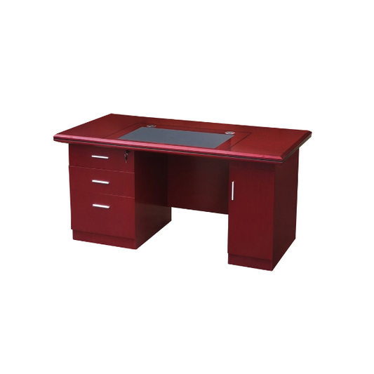 Polished wooden office desk with a reddish-brown finish, featuring three drawers on the left side with metallic handles and a lock on the top drawer, a cabinet door on the right, and an open center for legroom. The desktop includes a rectangular inset panel and two circular cable management holes near the back corners, combining modern design with practical functionality.