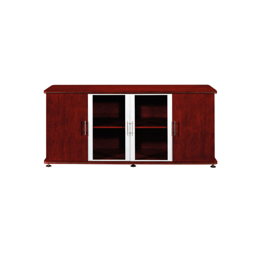 Mahogany Veneer cabinet with four doors, two central glass-paneled doors framed in silver metal and two solid wooden side doors, each with vertical metal handles. Inside the glass section, shelves provide storage space. The cabinet stands on small, rounded metal feet, combining modern wood and metal design.