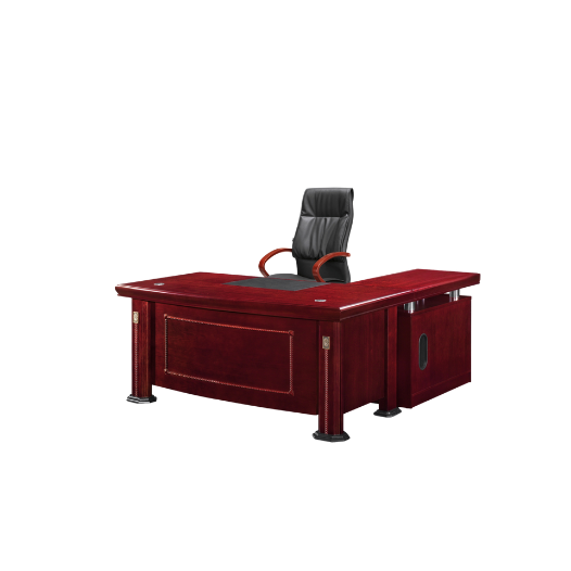 A large, polished executive desk made of reddish wood with decorative paneling and sturdy legs.