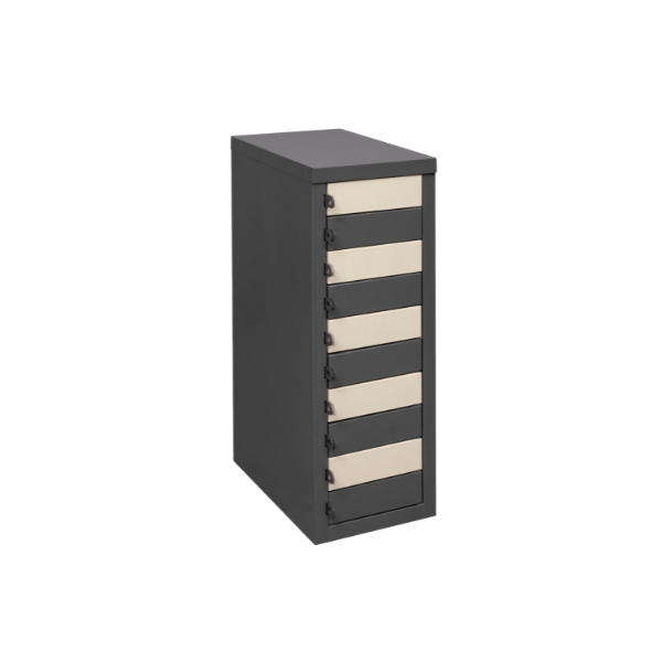 Tall dark gray metal cabinet with eight beige-front drawers, each fitted with a small black handle, designed for organized storage in office or workshop settings.