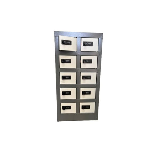 A hammertone grey steel cellphone locker with ivory doors, featuring 10 individual compartments with combination locks.