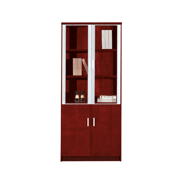 Tall wooden cabinet with a reddish-brown finish, featuring two upper glass-paneled doors that reveal shelves holding books and small decorative items, and two lower solid wooden doors with metallic handles, combining storage and display functions for a neat, modern look.