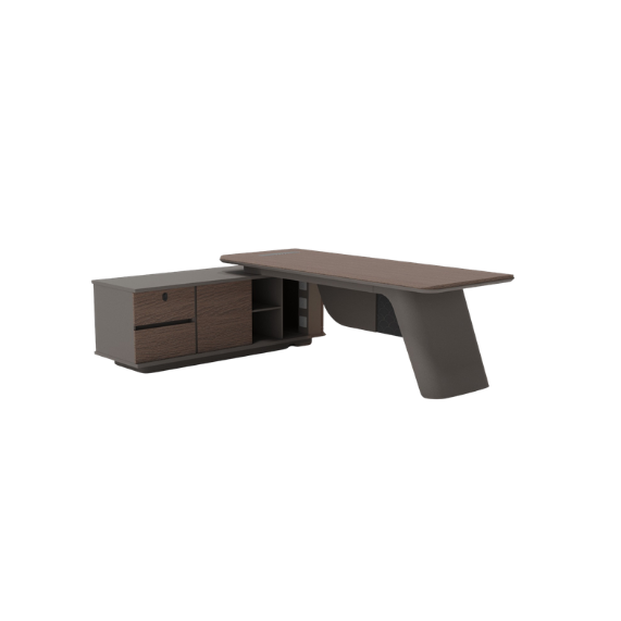 This modern L-shaped office desk embodies both elegance and practicality, making it an ideal centerpiece for a contemporary workspace. Its expansive rectangular surface, finished in smooth wood, provides ample room for productivity while maintaining a refined aesthetic. 