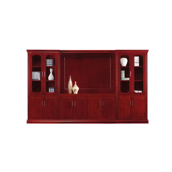 Large elegant wooden wall unit in dark reddish-brown polished wood, featuring two tall side sections with glass-paneled doors and shelves, and a central recessed area designed for a television or decorative display. The shelves hold white ceramic vases, books, and sculptural pieces, while the lower portion includes multiple closed doors with metallic handles, combining storage with sophisticated design.