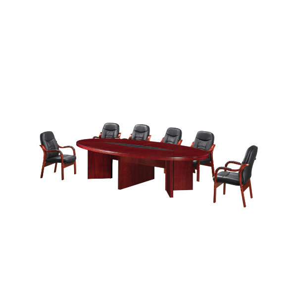 Large oval-shaped conference table with a polished dark reddish-brown finish, surrounded by seven black leather chairs with matching wooden armrests and legs, arranged evenly to create a formal meeting setup in a professional office environment.