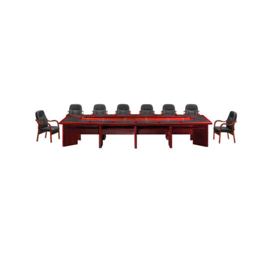 Large 4.8-meter mahogany veneer boardroom table with a central black leather inlay, surrounded by eight black leather chairs with wooden armrests, arranged evenly to create a formal and professional meeting space.