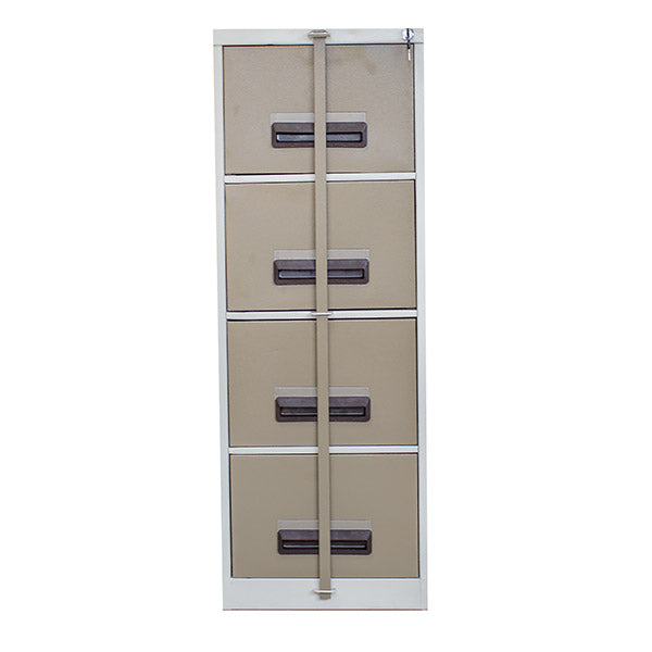 4 Drawer Steel Filing Cabinet with Security Bar in Hammertone Grey, featuring lockable drawers, a central locking system, and a security bar for enhanced document protection.