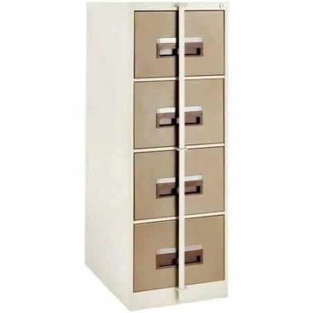 4 Drawer Steel Filing Cabinet with Security Bar in Hammertone Grey, featuring lockable drawers, a central locking system, and a security bar for enhanced document protection.