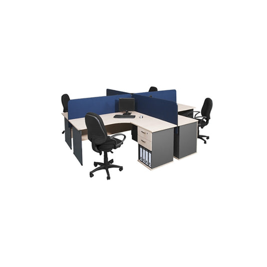 Image of a 4 Way Cluster Desk from the Discovery Range, featuring four adjacent workstations arranged in a cluster. Each desk is equipped with privacy screens, an extension top, and a desk-height pedestal for storage, all crafted in a neutral color palette to suit professional office environments.