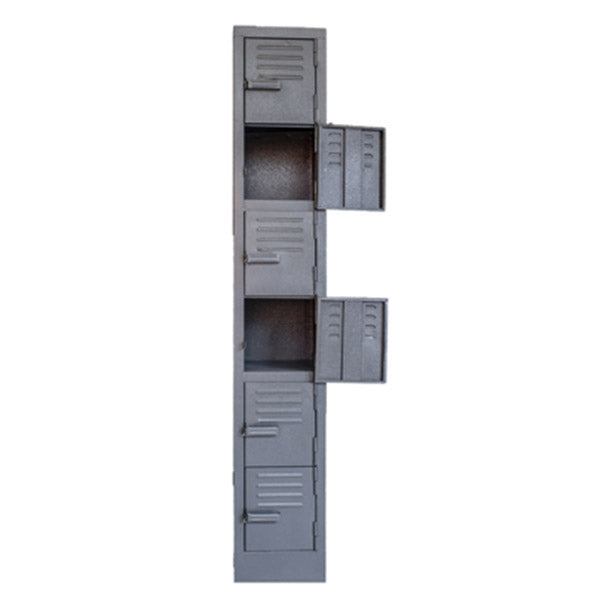 Alt Text: Steel locker with six compartments, available in Hammertone Grey or Ivory Karroo finishes. Dimensions: 1800mm (H) x 300mm (W) x 450mm (D). Features hasp and staple for padlock security.