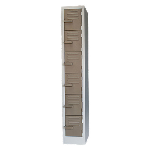 Alt Text: Steel locker with six compartments, available in Hammertone Grey or Ivory Karroo finishes. Dimensions: 1800mm (H) x 300mm (W) x 450mm (D). Features hasp and staple for padlock security.