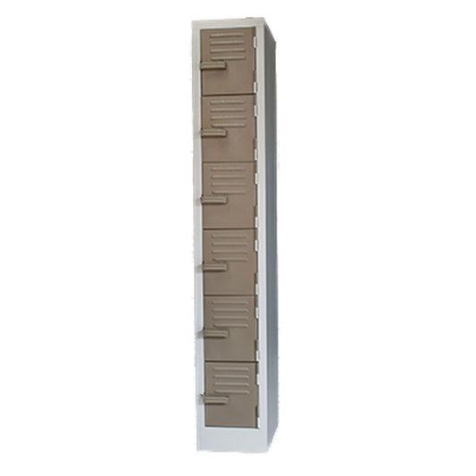 Alt Text: Steel locker with six compartments, available in Hammertone Grey or Ivory Karroo finishes. Dimensions: 1800mm (H) x 300mm (W) x 450mm (D). Features hasp and staple for padlock security.
