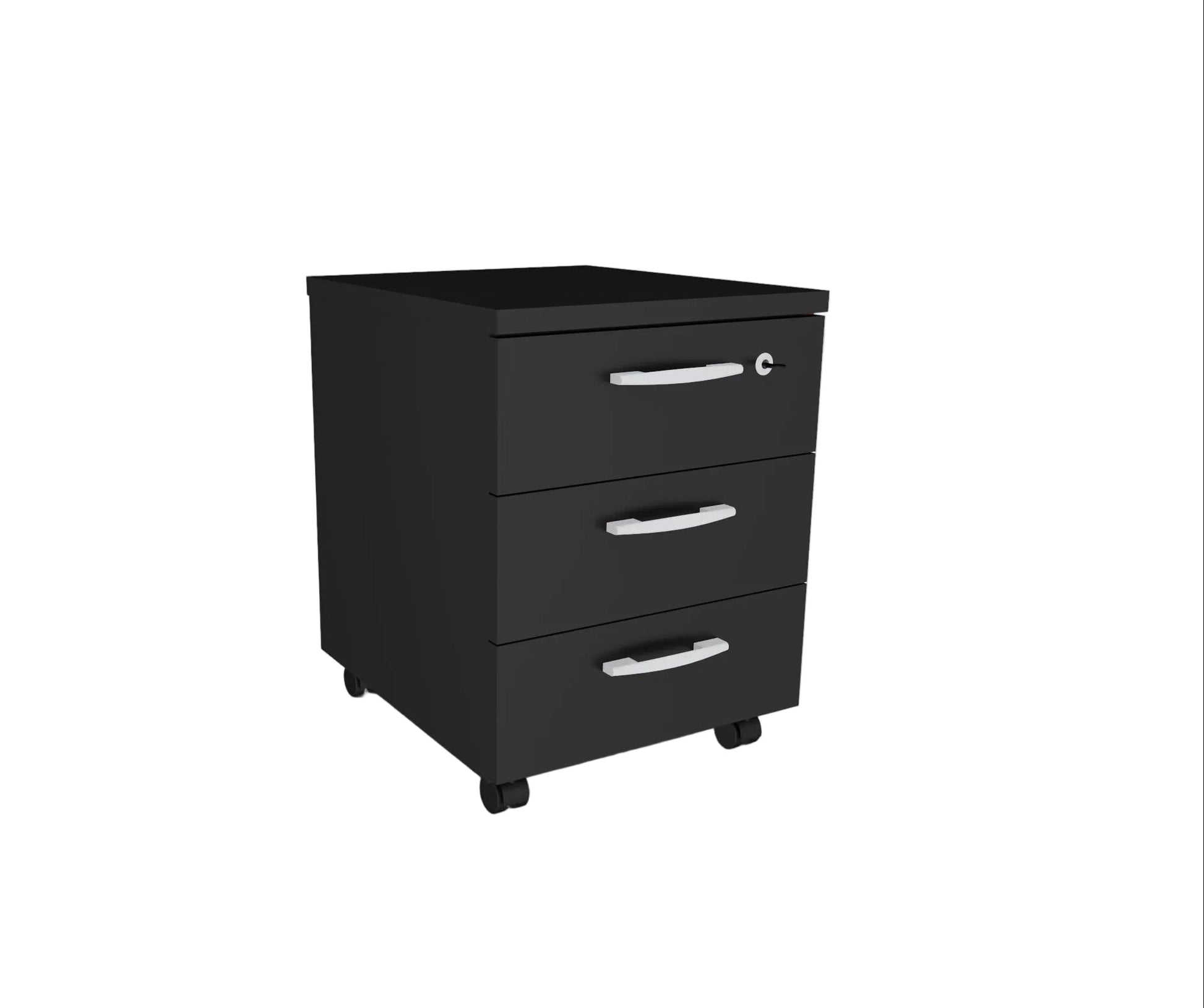 Black three-drawer mobile pedestal on a white background