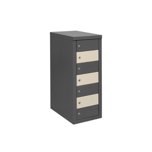 Metal filing cabinet with five drawers, dark gray body, beige drawer fronts, and round metal knobs for office storage.