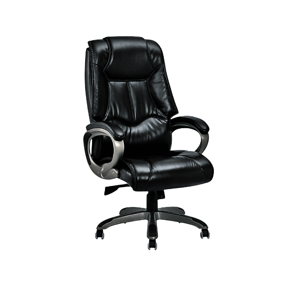 Black leather executive office chair with ergonomic high back, padded seat, silver armrests, and five‑point wheeled base for modern workspace comfort.