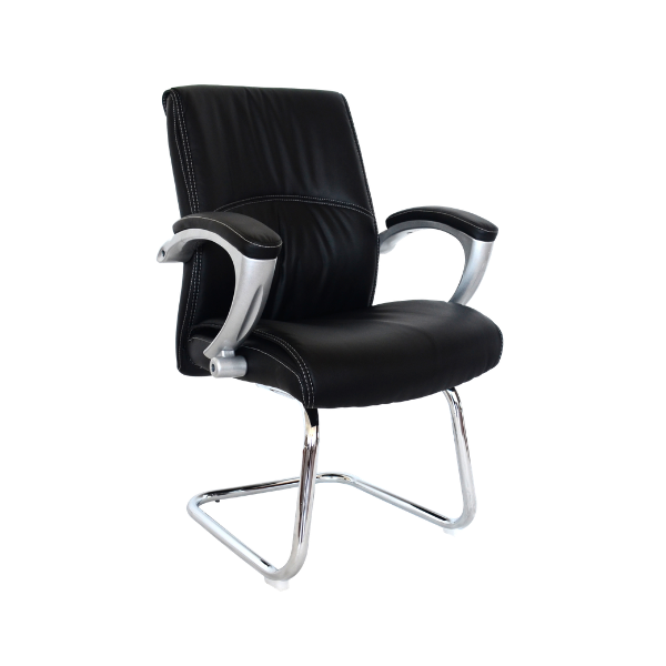 Black leather office chair with cushioned seat, stitched high backrest, padded chrome armrests, and cantilever base for modern professional workspace style.