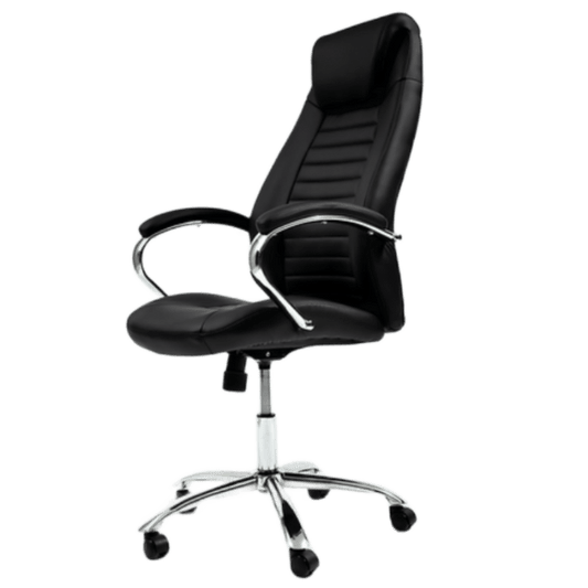 "BudgetFlex Swivel Office Chair: Affordable sophistication for office professionals. Faux leather upholstery offers sleek style, while swivel and tilt functionality provides comfort and versatility. Upgrade your workspace with this budget-friendly and practical seating solution."