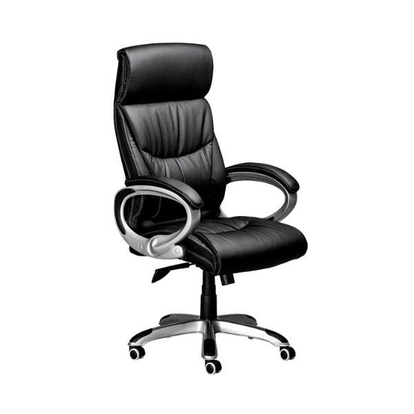 Black leather ergonomic office chair with high back, padded seat, silver frame armrests, and five‑wheel base for modern office comfort.