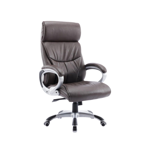 Dark brown leather ergonomic office chair with high back, cushioned seat, padded metallic armrests, adjustable height, and five‑star wheeled base for modern workspace comfort.