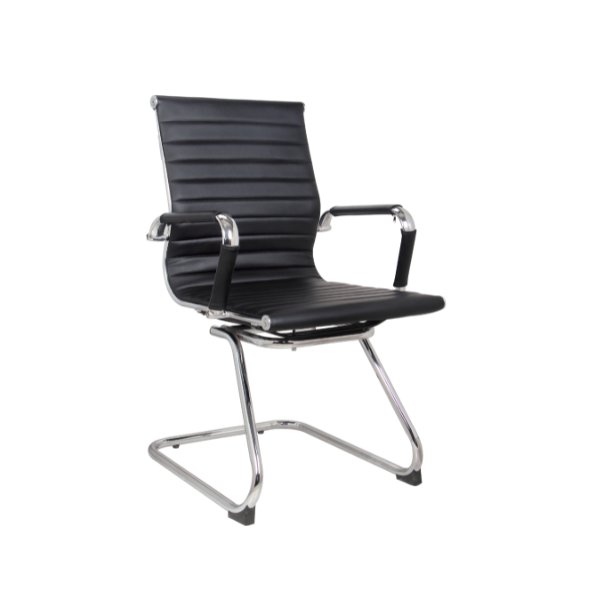 Black ribbed leather conference chair with sleek chrome cantilever frame, padded armrests, and ergonomic design for modern professional meeting spaces.