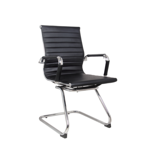 Black ribbed leather conference chair with sleek chrome cantilever frame, padded armrests, and ergonomic design for modern professional meeting spaces.